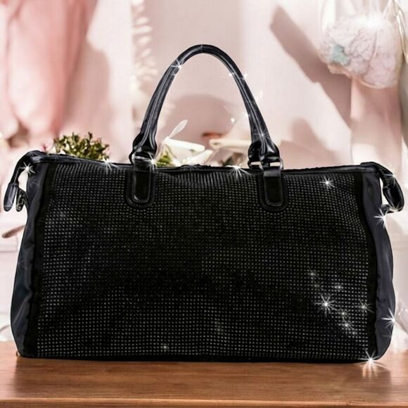 SALE LAST 1 Black Duffel Bag Rhinestone Bling Accented Travel Gym Bag Activewear - Picture 3 of 11